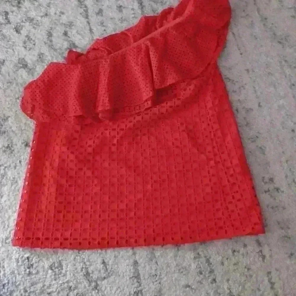 J Crew Women's Red Orange One Shoulder Ruffled Eyelit Top 2 - Picture 8 of 13